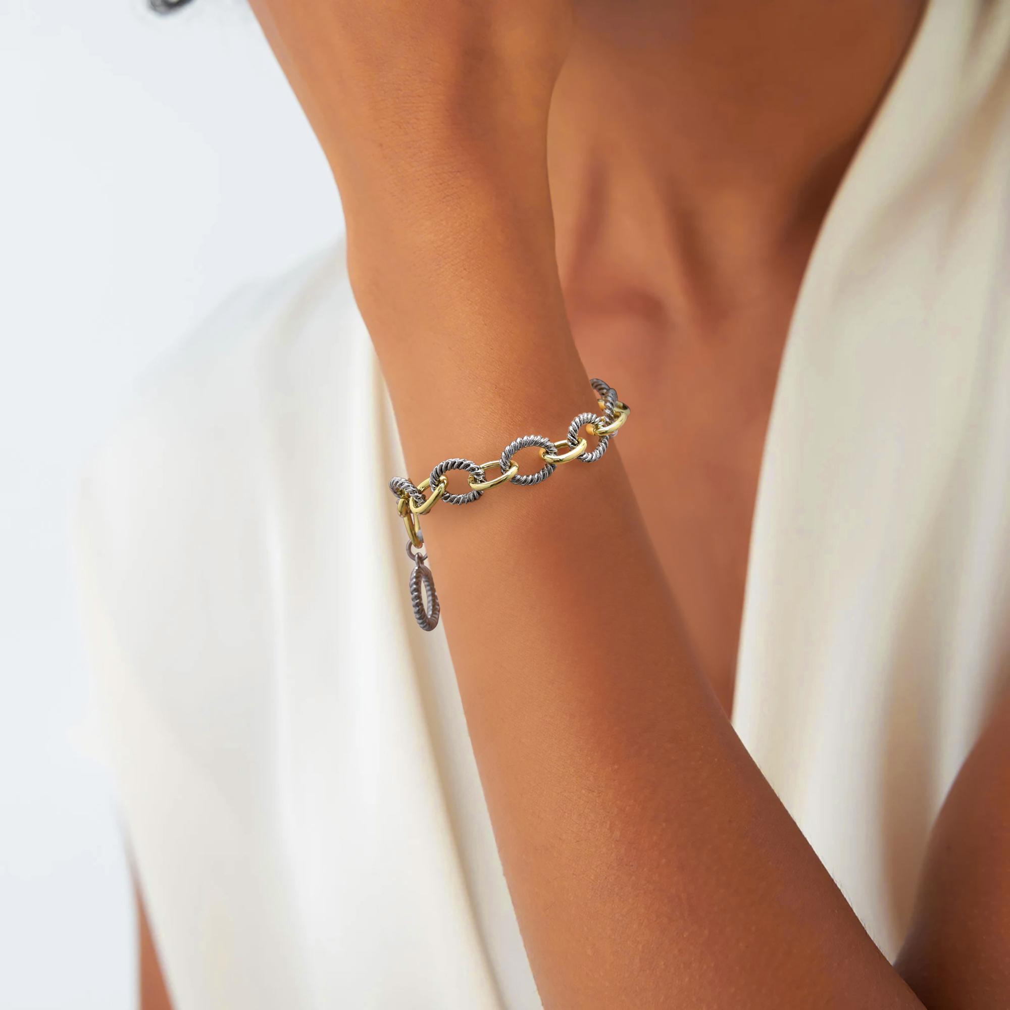 Braided Wire Cable Non Tarnish Bracelet with Two-Tone Circle Chain Link Bangle for Women & Girls