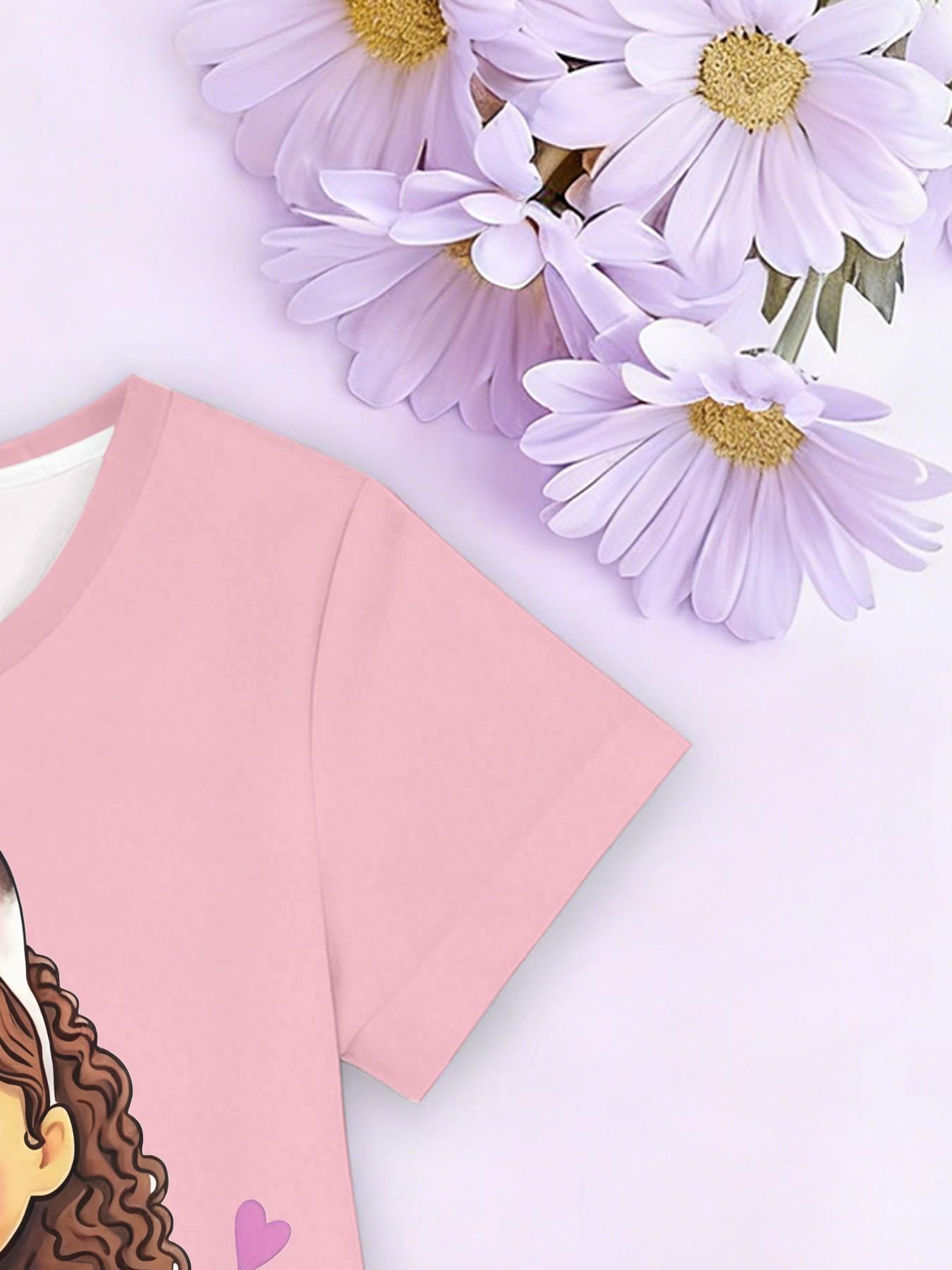 Girls' Cartoon Cat Full Print Dress, Short Sleeve A-Line Summer Casual Dress, Birthday Gift, Festival Gift, Fitted Style