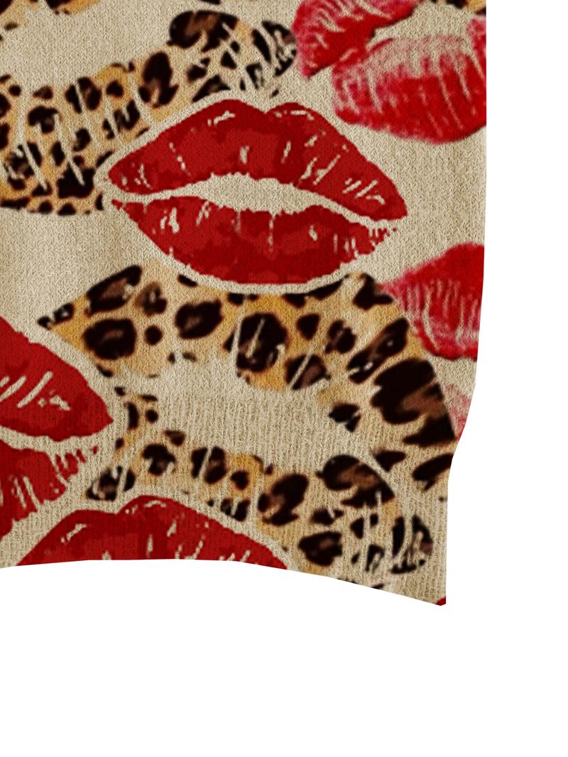 Women's Leopard Print Lip Design Mock Neck Sweater, Cozy Long Sleeve Knit Top for Fall & Winter, Casual and Versatile Women's Clothing