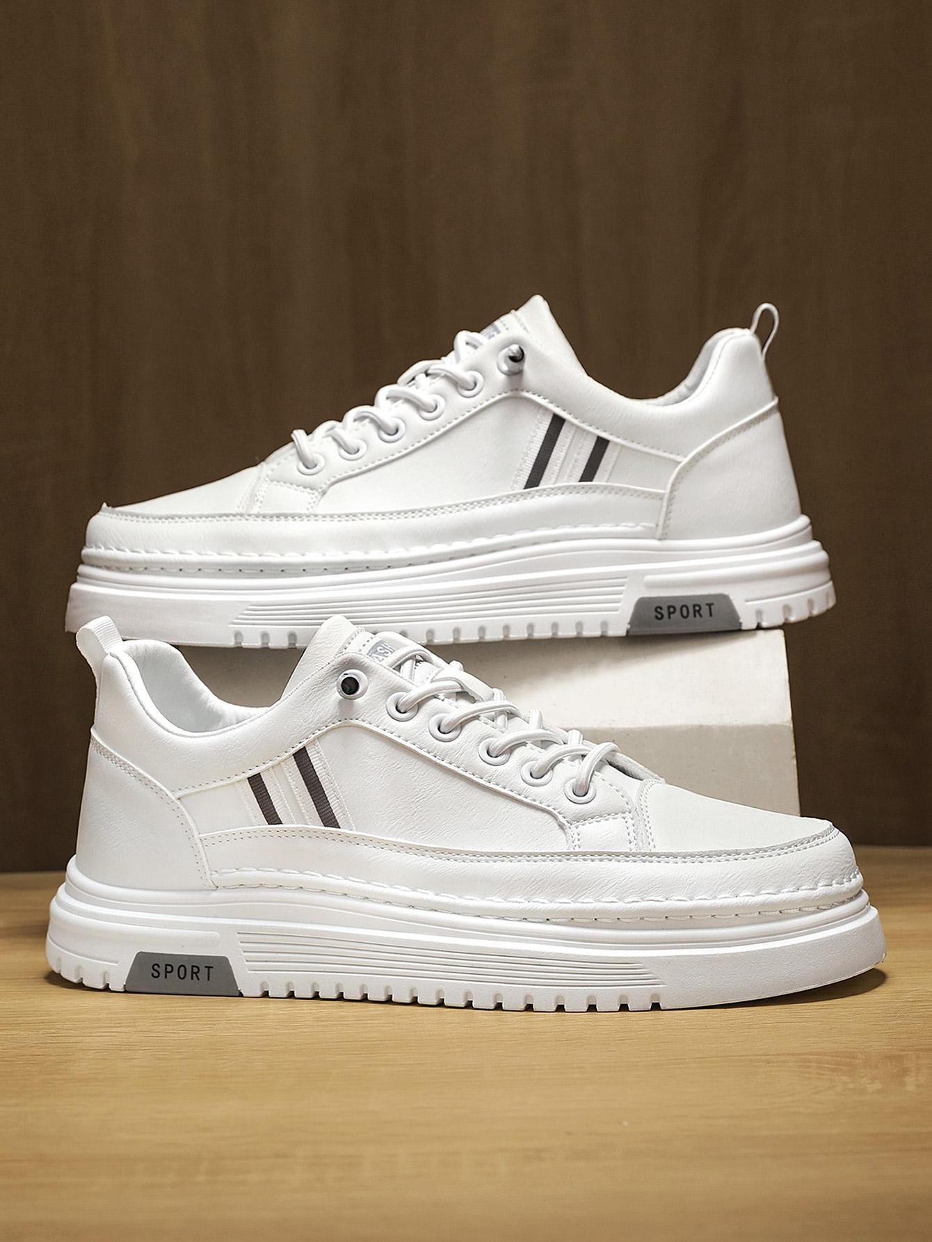 Men's Summer Thick Sole Sneakers, Simple Striped Casual Board Shoes, Soft Leather Breathable Lightweight, Height Boosting Slim Fit, Versatile Daily Wear
