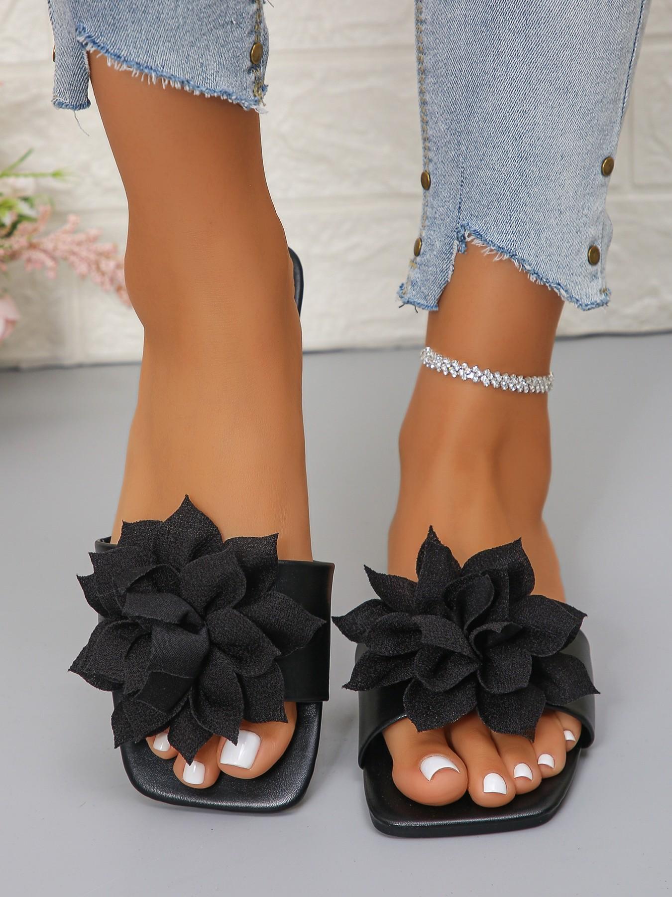 Women's 3D Flower Square Toe Slip-On Sandals, Plain PU Leather, Casual Summer Shoes, Beach, Vacation, Daily Wear, /