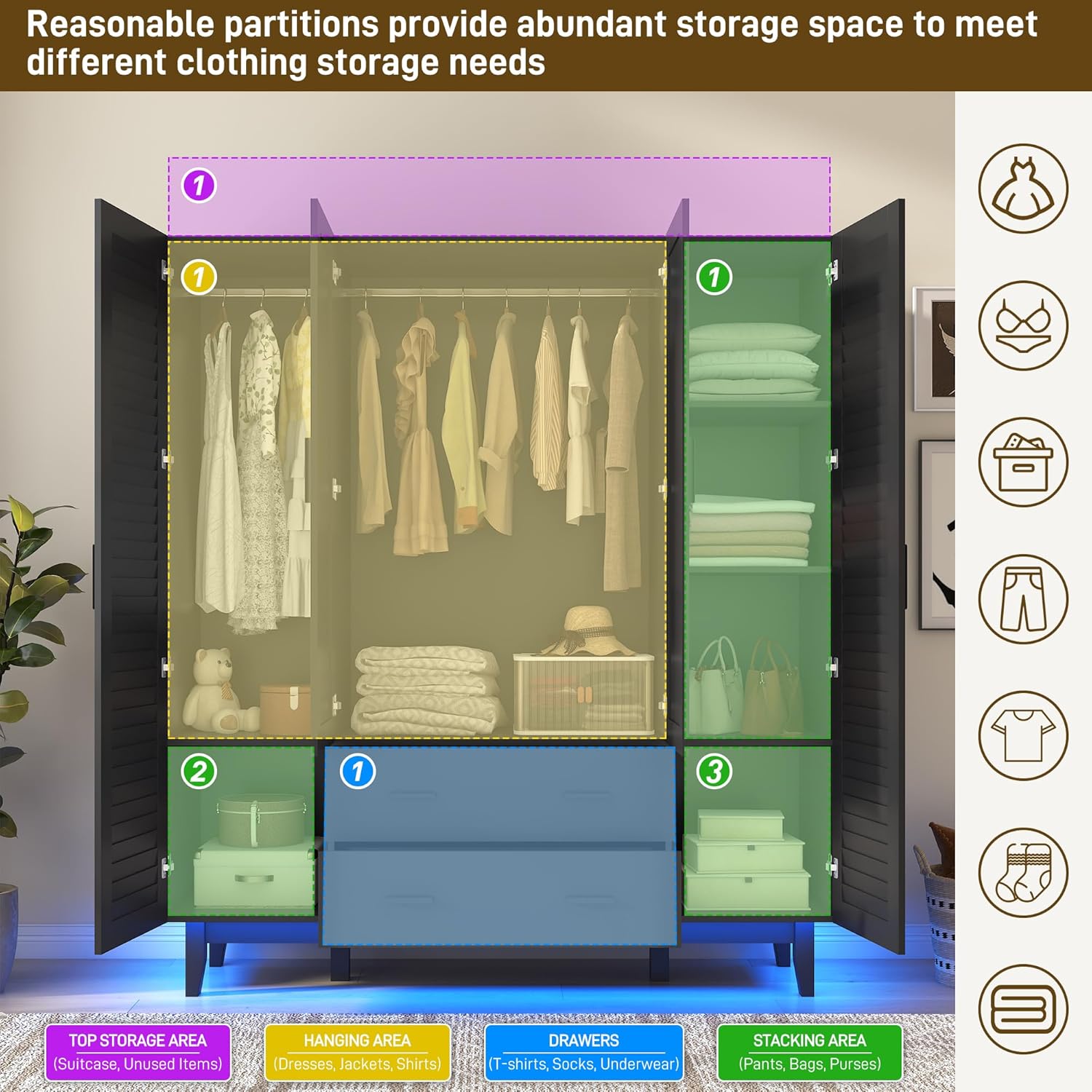 2/3/4 Door Armoire Wardrobe Closet Cabinet with Drawers and LED Lights, Multi-Tier Shelves, Hanging Rod & Louver Doors, Large Capacity Storage Wardrobe Armoire for Bedroom(Black/white) 2/3/4 Door Armoire Wardrobe Closet Cabinet with Drawers and LED Lights, Multi-Tier Shelves, Hanging Rod & Louver Doors, Large Capacity Storage Wardrobe Armoire for Bedroom(Black/white)