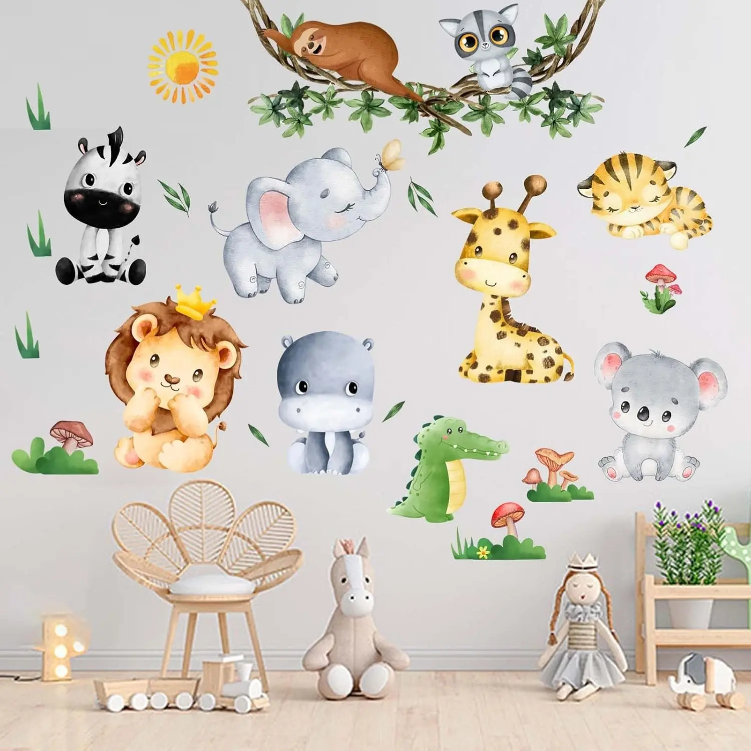 Jungle Baby Animals Wall Stickers Decals - Elephant, Lion, Tiger, Giraffe - Nursery Kids Room Decor for Girls and Boys, Daycare, Playroom, Classroom(Gift)