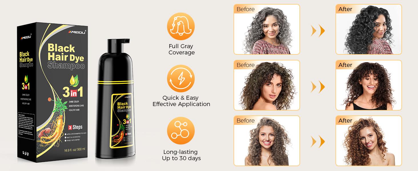 MEIDU Black Hair Dye Shampoo 3 in 1 - Can cover gray hairs,Herbal Ingredients,Contains Ginseng Extract, Natural Haircoloring
