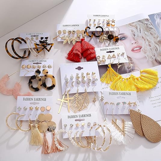 61 Pairs Earrings Funtopia for Women Girls, Funtopia Fashion Tassel Earrings Acrylic Hoop Stud Drop Dangle Earrings for Birthday Party Gift, Assorted Styles and Colors