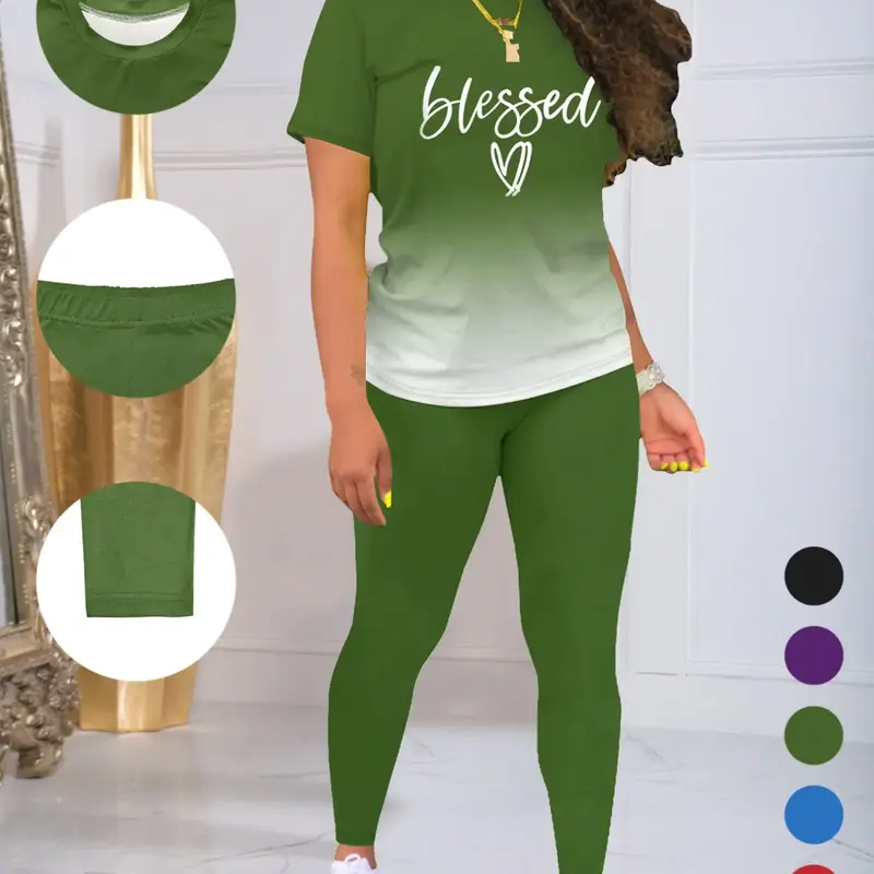 Women's Ombre Letter Print Tee & Skinny Pants Set Casual Womenswear Short Sleeve Round Neck T-Shirt & Trousers For Daily Wear, Ladies Fitted Two Piece Outfits For All Seasons, Fashion Style Sets