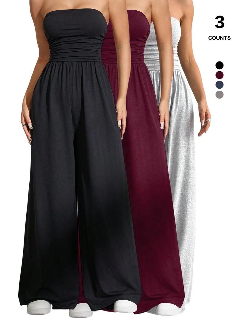 Solid Color Casual Sleeveless Pleated Loose Jumpsuit, Slim-Fitting Ruched Design, Elastic Waist, All Seasons Wear, Organic Textile