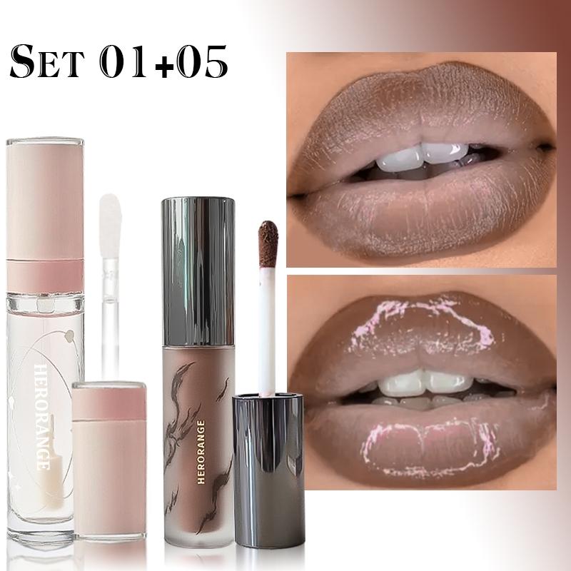 [HERORANGE Lipstick & Lip Gloss Set] Silky Matte Lipstick and Nourishing Lip Gloss Set with Smooth Vibrant Color, Easy to Layer, Moisturizing and Hydrating, Suitable for Stage Performances, Parties and Dates