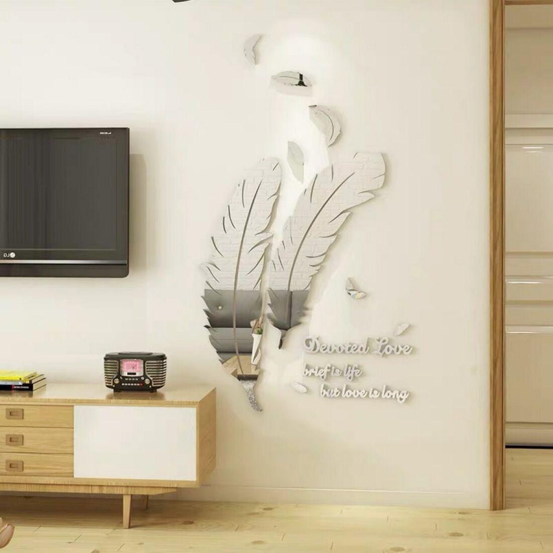 Feather Acrylic Mirror Wall Stickers, 3D Self-Adhesive DIY Feather Mirror Wall Decals, Modern Minimalist Nordic Style Shatterproof Wall Art Decor with Love Quote for Living Room Bedroom Entryway, Make Room Look Bigger, Easy Install