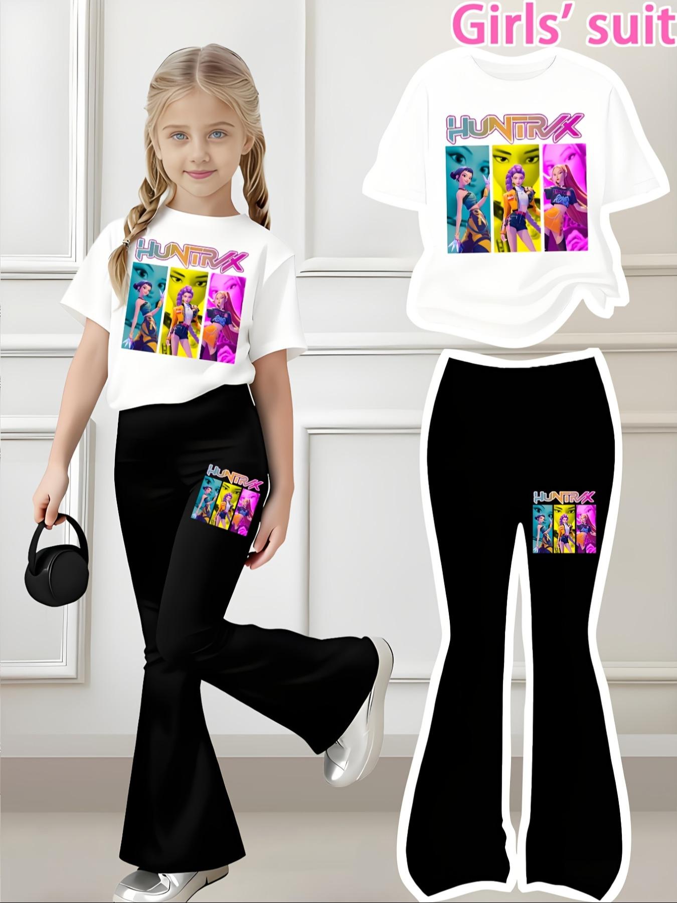 Halloween Christmas Costume Set, Witch Pattern Print 2-Piece Girls Casual Sports Short Sleeve & Bell Bottoms, Youth Trendy Sportswear, Power Girl Outfit