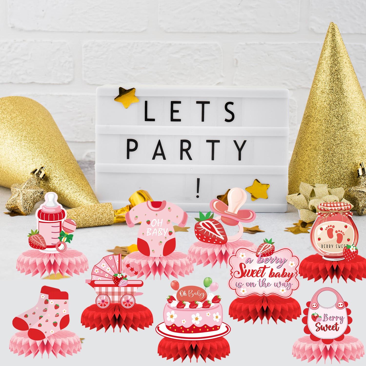 9Pcs Strawberry Baby Shower Decorations, Berry Sweet Baby Shower Honeycomb Centerpieces, Sweet One First Birthday Party Table Decor for Girls, Pink and Red Berry Themed Party Supplies