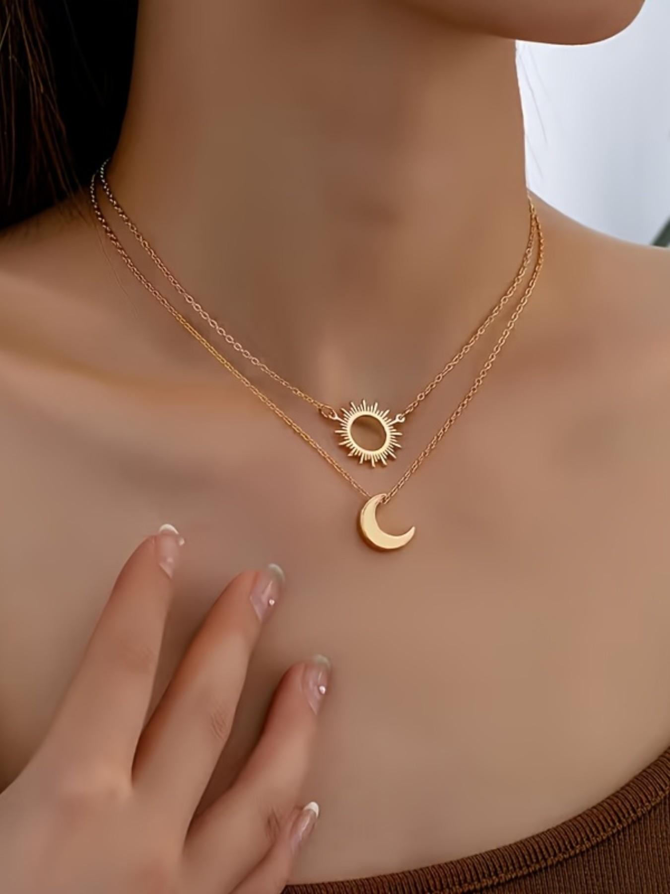 2 vintage Bohemian style sun and moon pendant necklaces, women's 18K gold plated stainless steel double-layer layered necklace, perfect for summer and beach vacation decoration