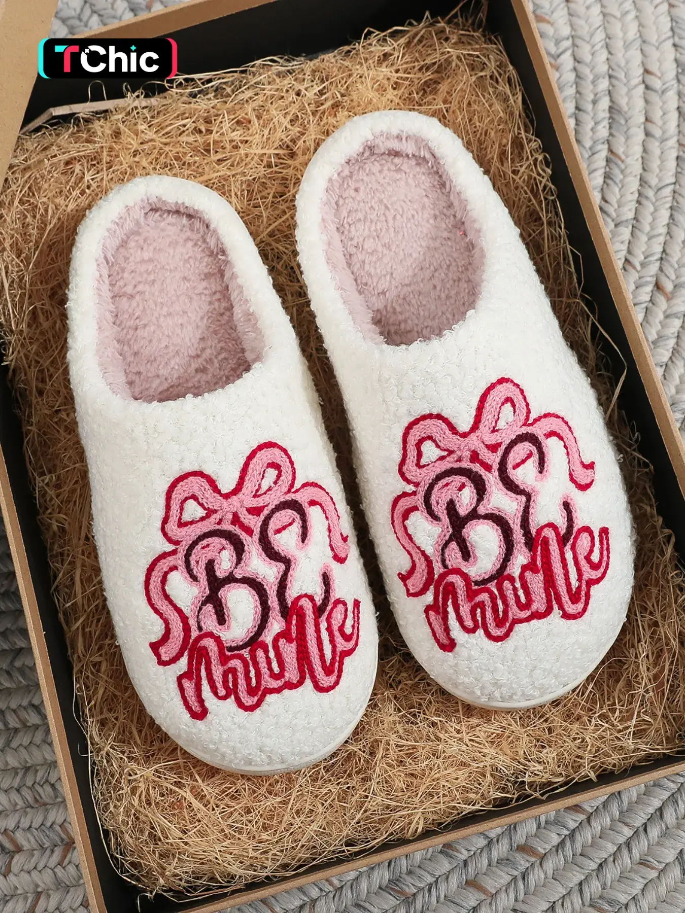 Women's Soft Plush Bow Embroidered Slippers, Cute Valentine's Day Gift, Indoor Warm Anti-Slip Shoes for Fall & Winter
