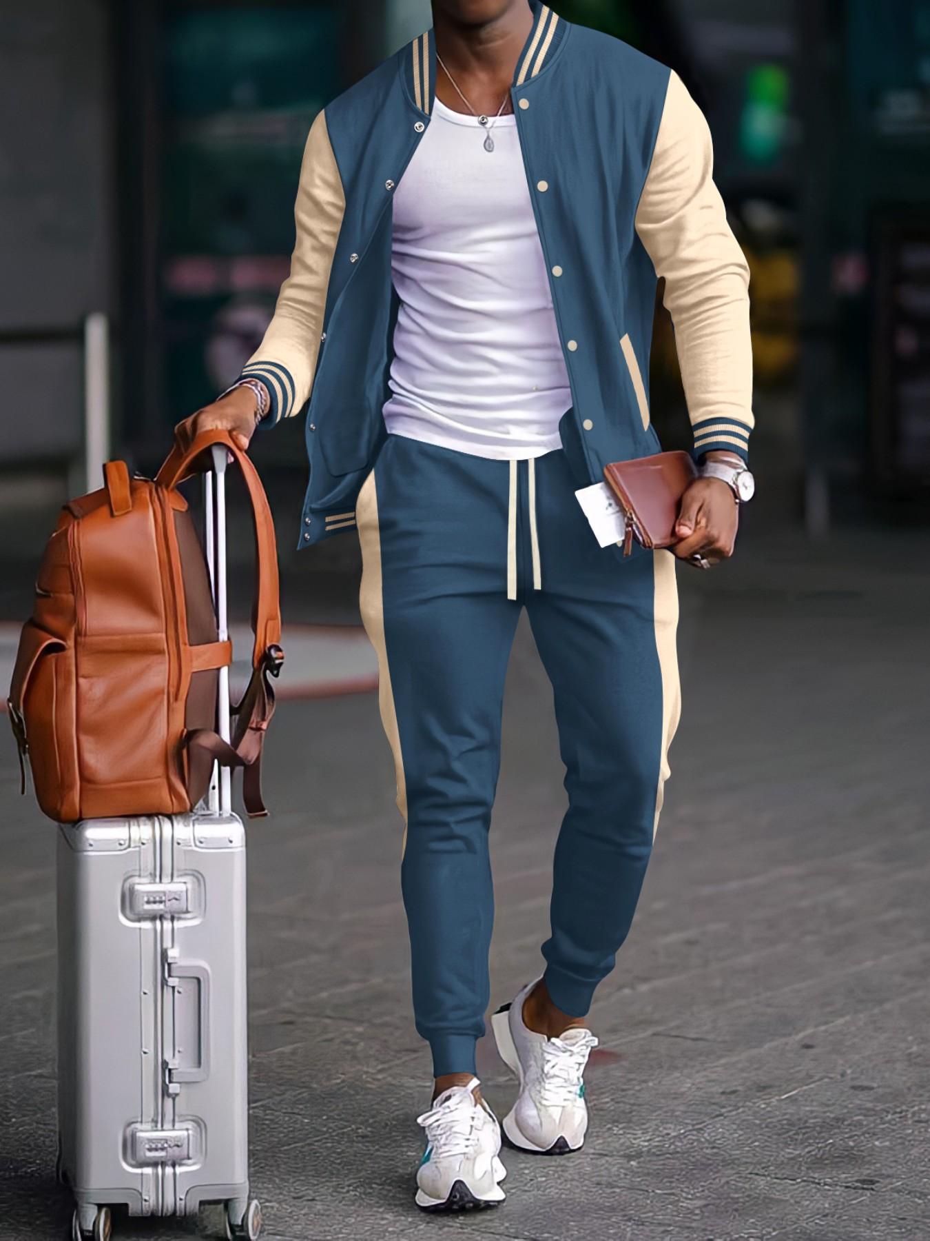 Men's Two-Piece Set, Spring & Fall Sports Suit, Colorblock Baseball Jacket + Drawstring Sweatpants, Loose-Fit Casual Wear, Multiple Colors Available