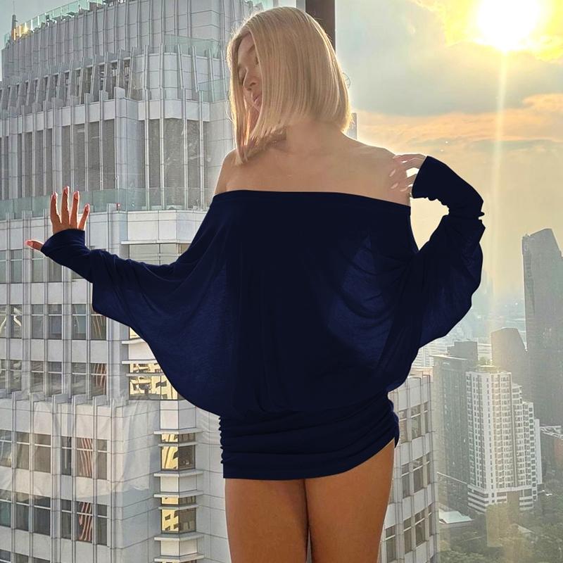 Women's Solid Off-The-Shoulder Long Sleeve Dress, Fashion Statement Casual Sheer Dress for Party Club Dating Wear, Women's Dress for Spring & Fall