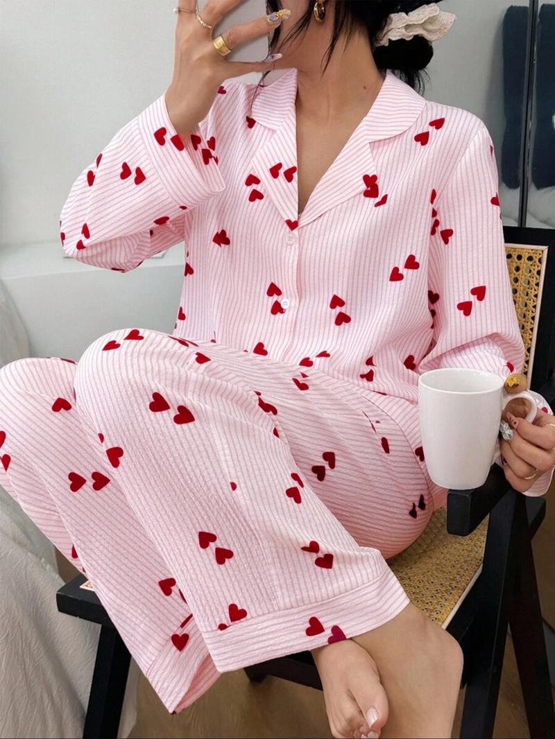 Women's Heart Stripe Print Button Front Shirt and Elastic Waist Pants Pajama Set, Cute Sleepwear for Spring & Fall, pjs