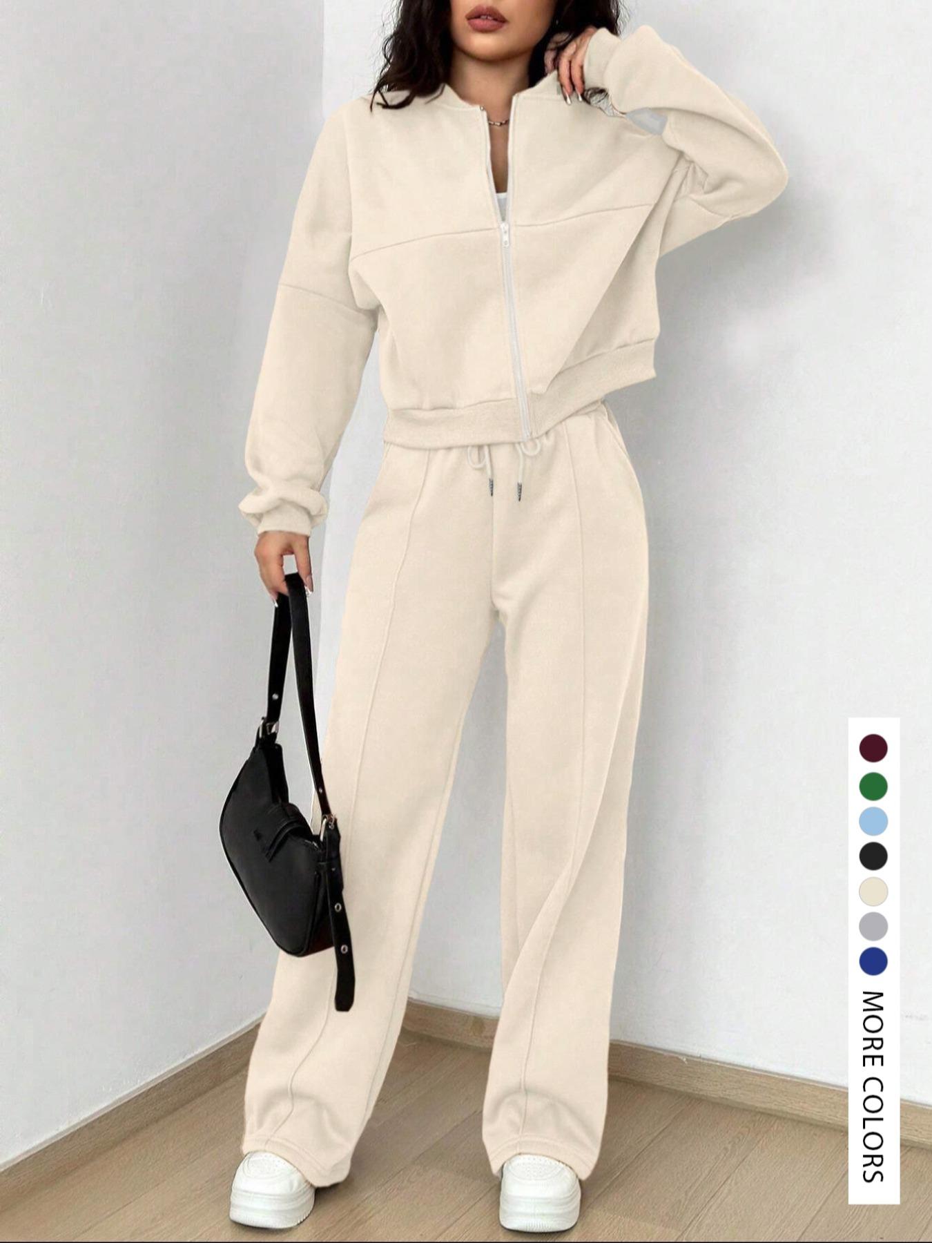 Modest Two-Piece Women's Solid Color Zip Jacket and Drawstring Pocket Pants, Comfortable Breathable Casual for All Seasons,Airport Outfit