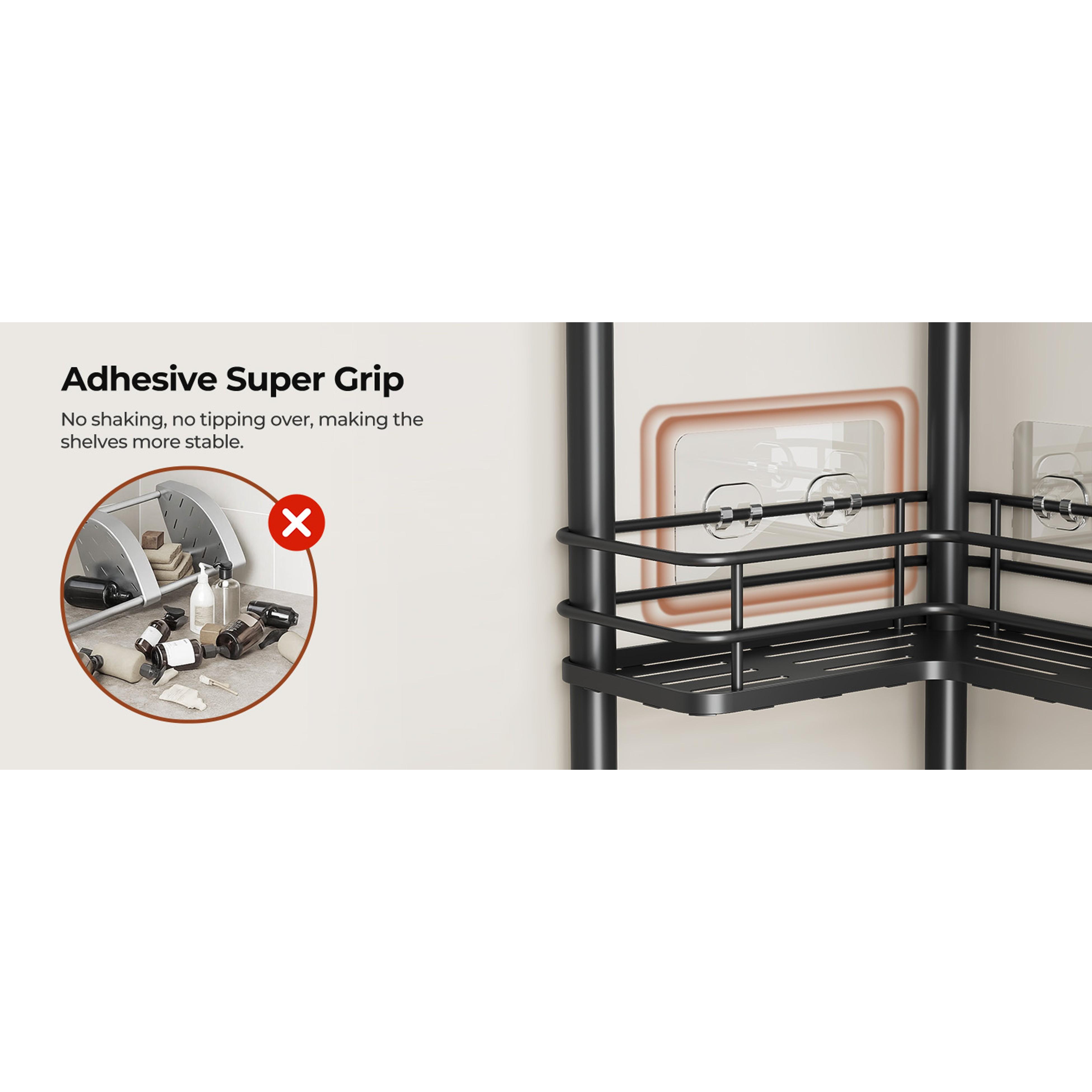 Rustproof 3 Tier Floor Standing Corner Shower Caddy Organizer with Toothbrush Holder, Large Spacing Floor Shower Shelf Rack Storage Stands with Hooks for Bathroom Kitchen, Black