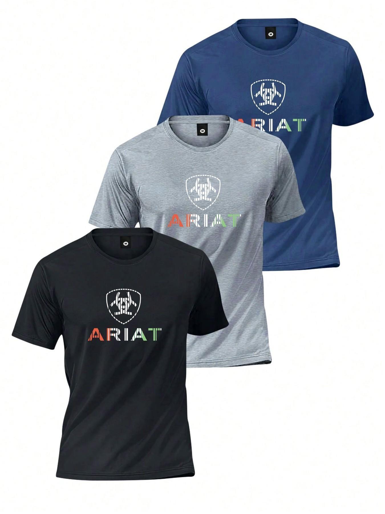 2026 Summer New Ariat Letter Print Men's Tops Quick-Dry T-Shirt, Ice Silk Breathable Loose Fit, American Casual Versatile Half Sleeve, Multiple Colors Available