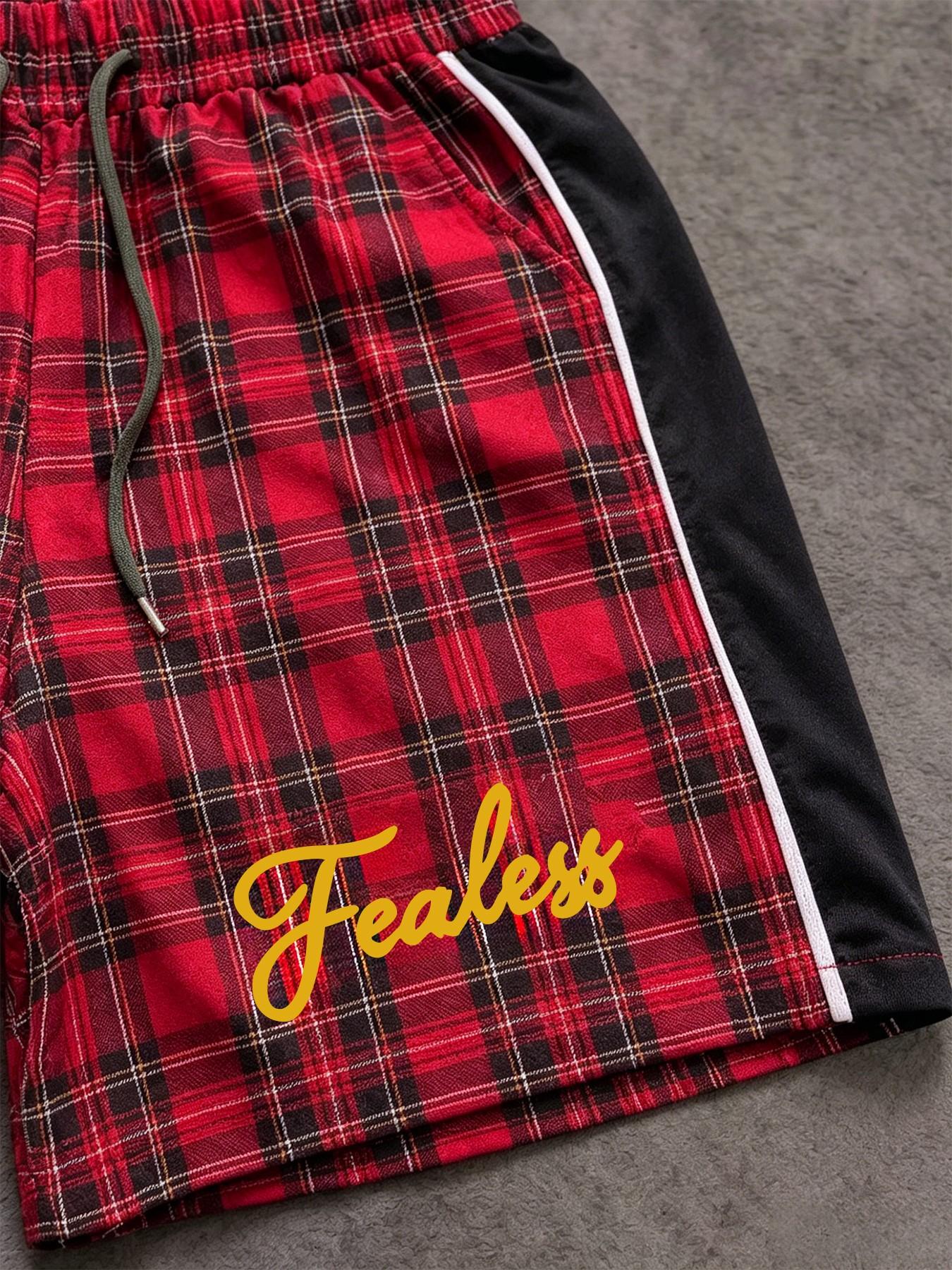 Racing Core Vintage Men's Plaid Short Sleeve Shirt and Shorts Set Red Tartan Color Block Stripe Tracksuit Outfits with Fearless Embroidery for Summer Streetwear Festival