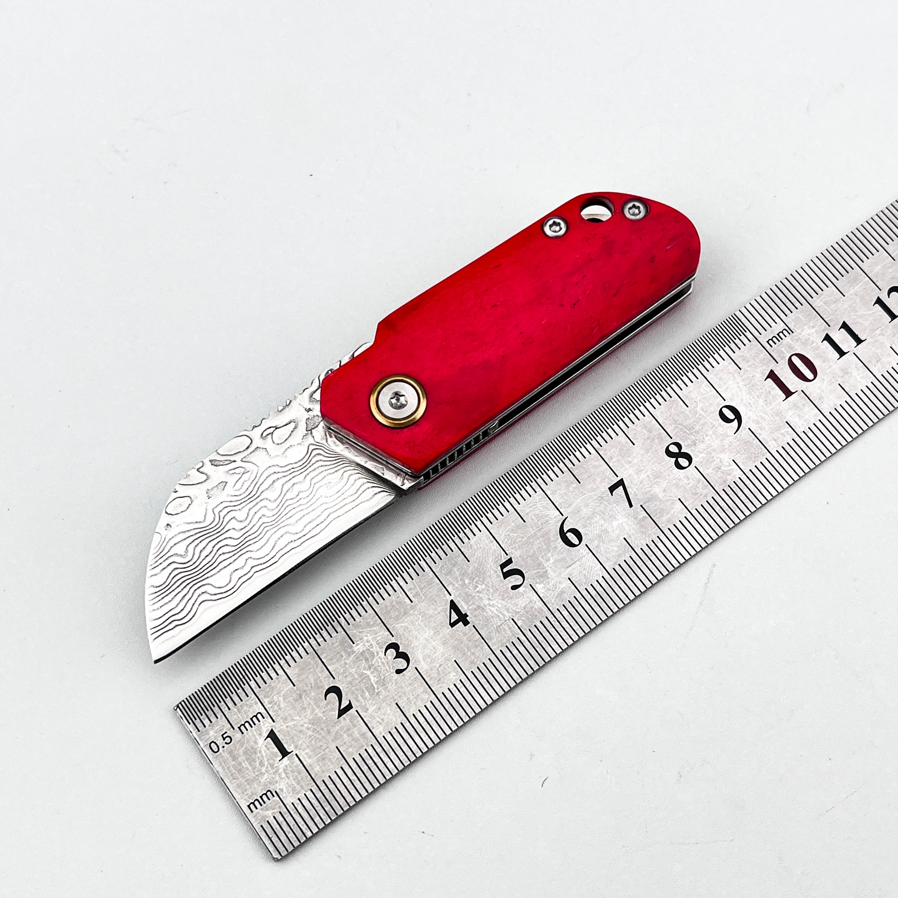 Mini Damascus folding knife, Portable knives, ultra-small and portable, handcrafted Damascus steel blade, dyed cow bone handle, with a hanging rope, practical tool for daily carry-on EDC, outdoor camping and hiking
