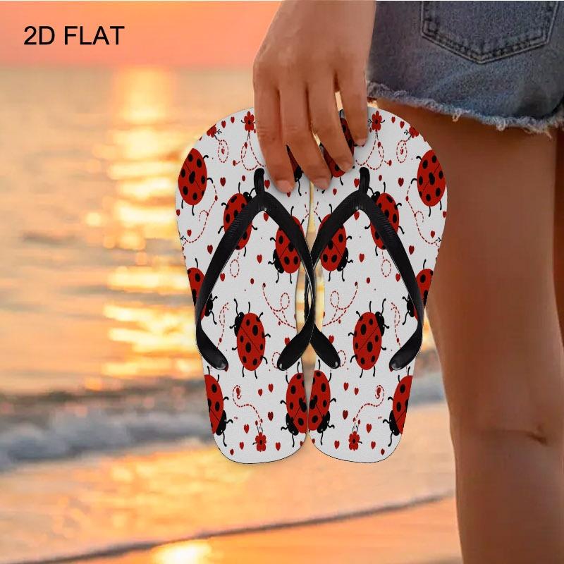 Women's Flip - Flops, Cute Ladybug & Heart Pattern, Multiple Colors & Sizes Available, Comfortable Casual Sandals for Daily Wear, Stylish Summer Footwear with Playful Design, Women Shoes