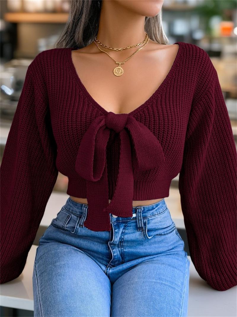 Women's Plain Bow Decor Tie Front Crop Sweater, Casual Chic Bishop Sleeve V Neck Jumper for Fall & Winter, Women's Knitwear for Daily Wear