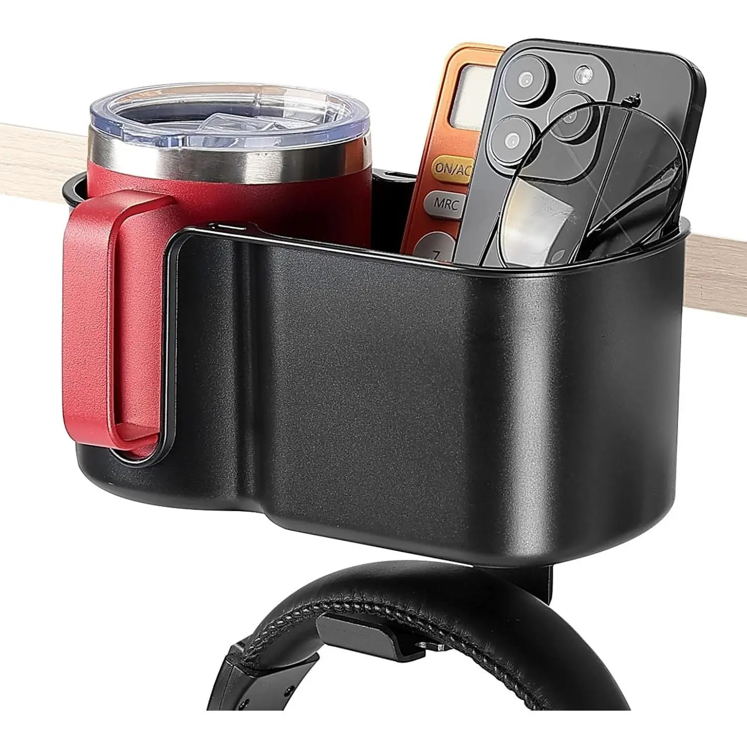 3-in-1 Desk Cup Holder and Headphone Hanger, Fits 18-32 oz Cups | Clamp on a 0.5-1.5 Inch Desk to Hold 6.6 Pounds, with Hanger, Anti Slip Pad, 6 Cable Slots, for Cup, Headphones, Phones