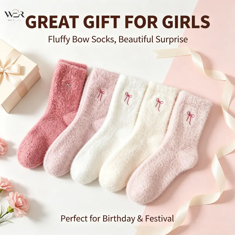 Women Bowknot Mink Fleece Fuzzy Socks, Fall Winter Thick Warm Mid Calf Socks, Cozy Sweet Home Sleeping Plush Socks