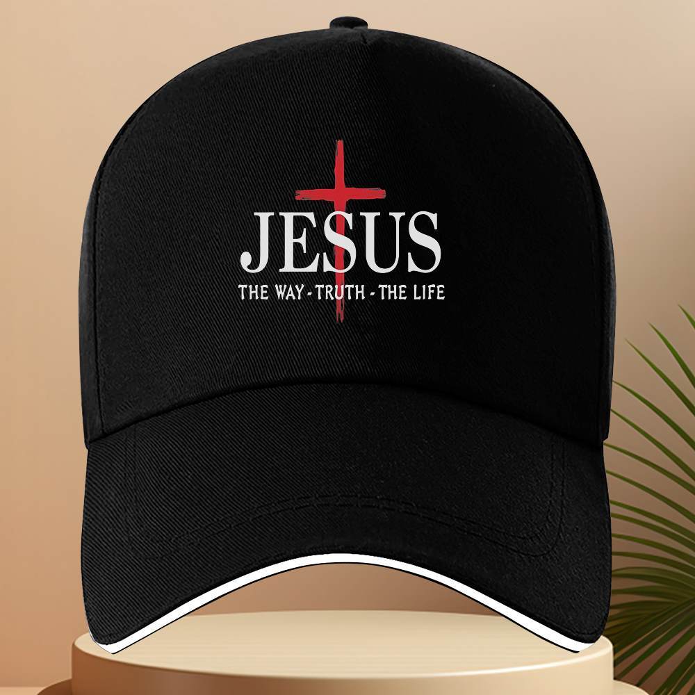 Christian Polyester Baseball Cap - Faith-Based Graphic Cross Print, "Jesus is the Way, the Truth, the Life" Slogan, Lightweight Machine-Washable Fashion Accessory, Christians, Machine Wash, Christian Faith-Themed Graphic Hats