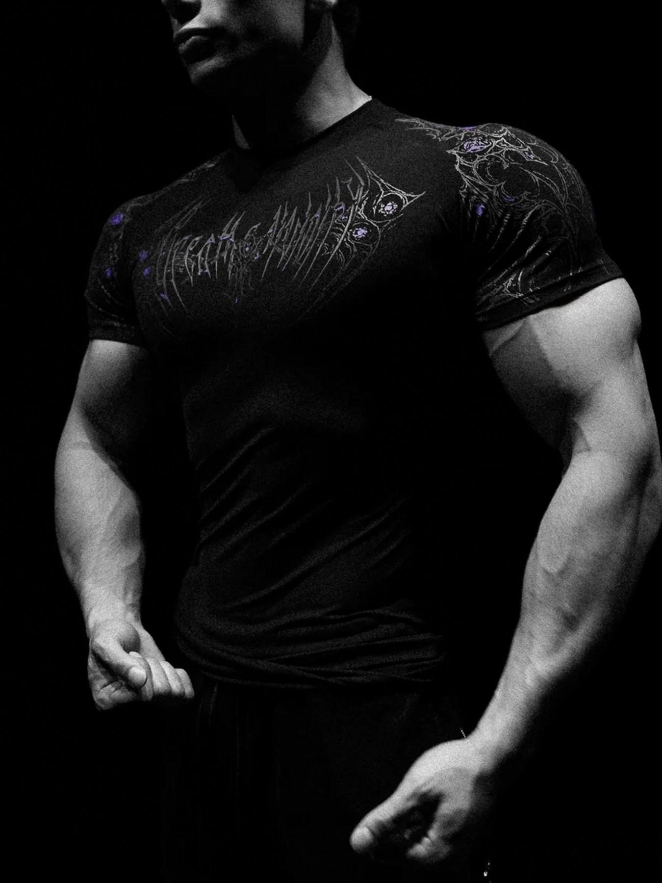 Men's Slim-Fit Short Sleeve T-Shirt, Cyber Gothic Dark Style, Elastic Quick-Dry Fitness Top, Ideal for Strength Training & Streetwear