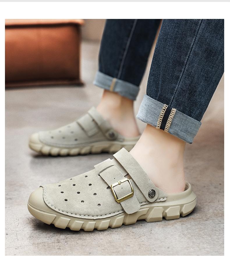 Men's Perforated Slingback Clog, Breathable Closed Toe Sandals, Non-Slip Two-Way Wear Slippers, Lightweight Vegan Leather Fisherman Shoes for Beach Hiking Travel, Retro Summer Athletic Outdoor Clogs, Big Size 11 12 13