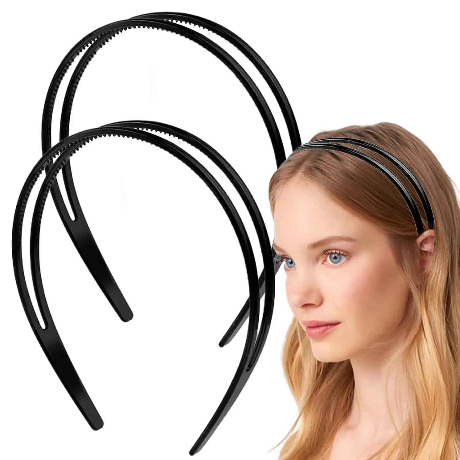 2 Count Simple and Chic Headbands, Plastic Hair Styling Headband with Non-slip Double Row  Design for Women, Black (1 Pack of 2)