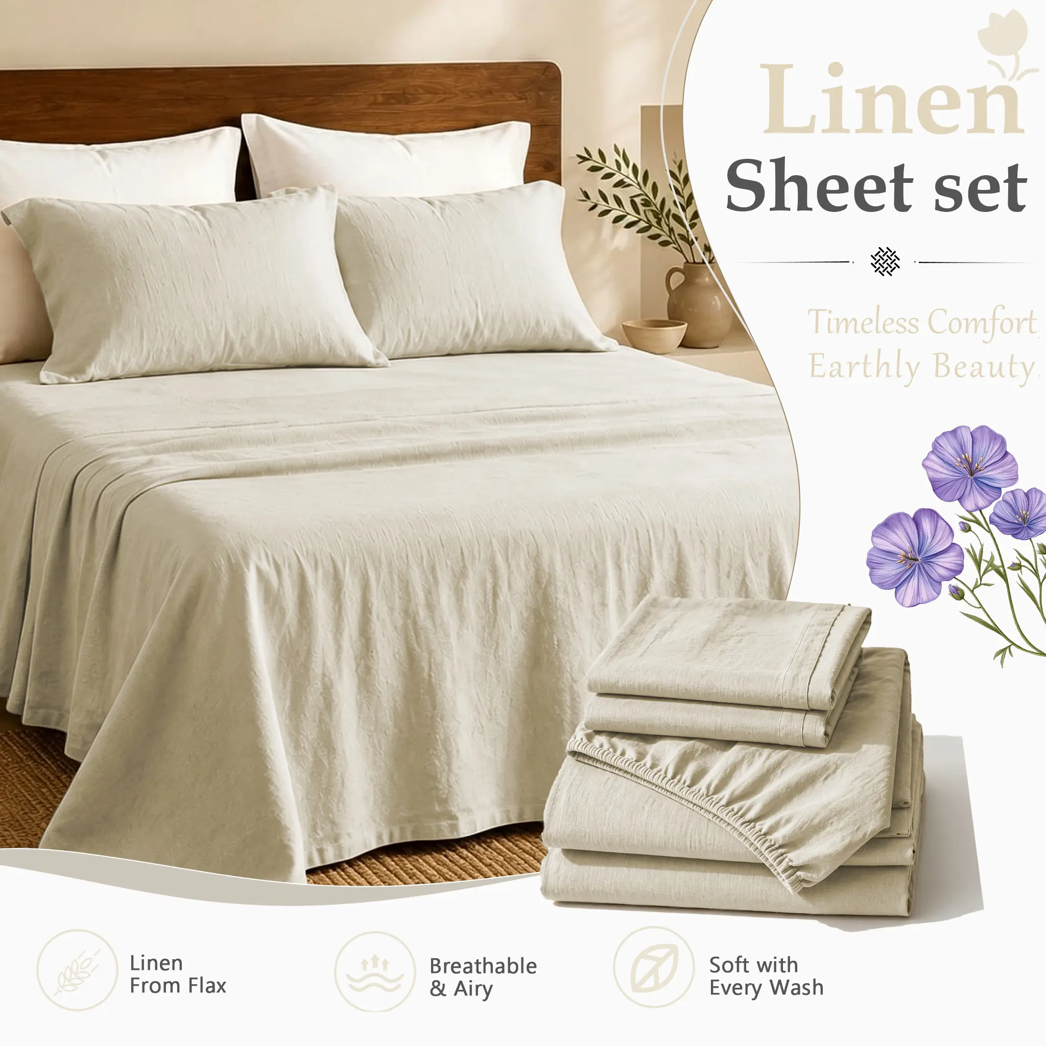MUXHOMO Linen Sheet Set - 19" Deep Pocket Queen Size - Flax Bed Sheet, Soft, Breathable,Durable Sheets, Cozy for All Year Round, Ideal for Hot Sleepers