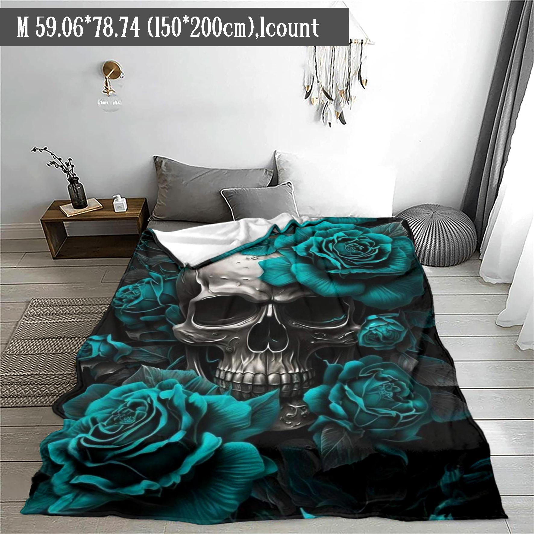 Skull & Rose Pattern Blanket, Soft Warm Throw Blanket, Cool Bedroom Bedding Blankets, Warm Napping Blanket for Home Office Travel