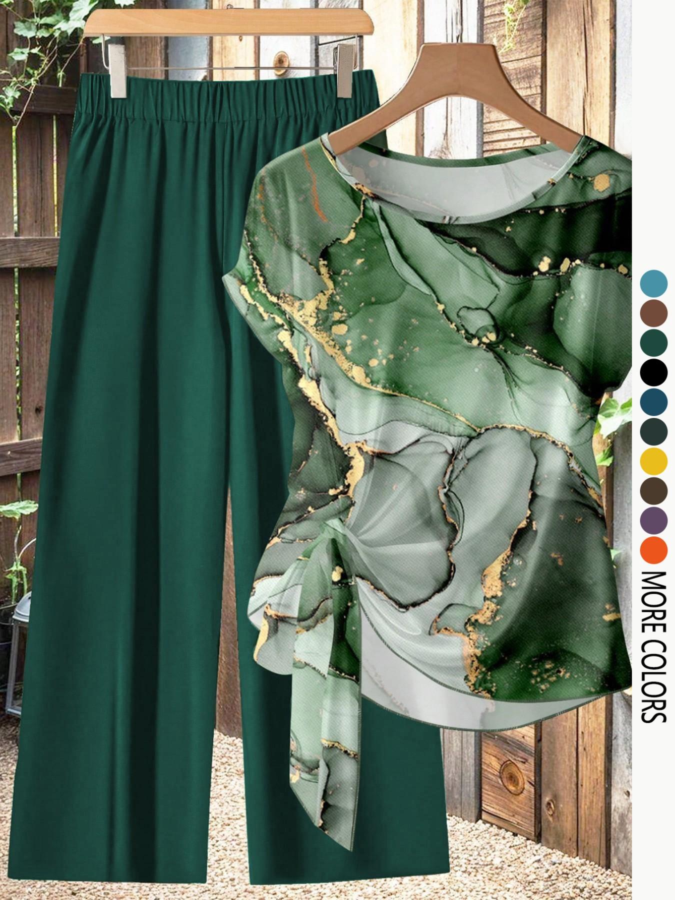 Women's Casual Printed Knot Shirt and Loose Straight Pants Set, Lightweight, Perfect for Spring and Summer, Comfortable Two-Piece Outfit Clothes