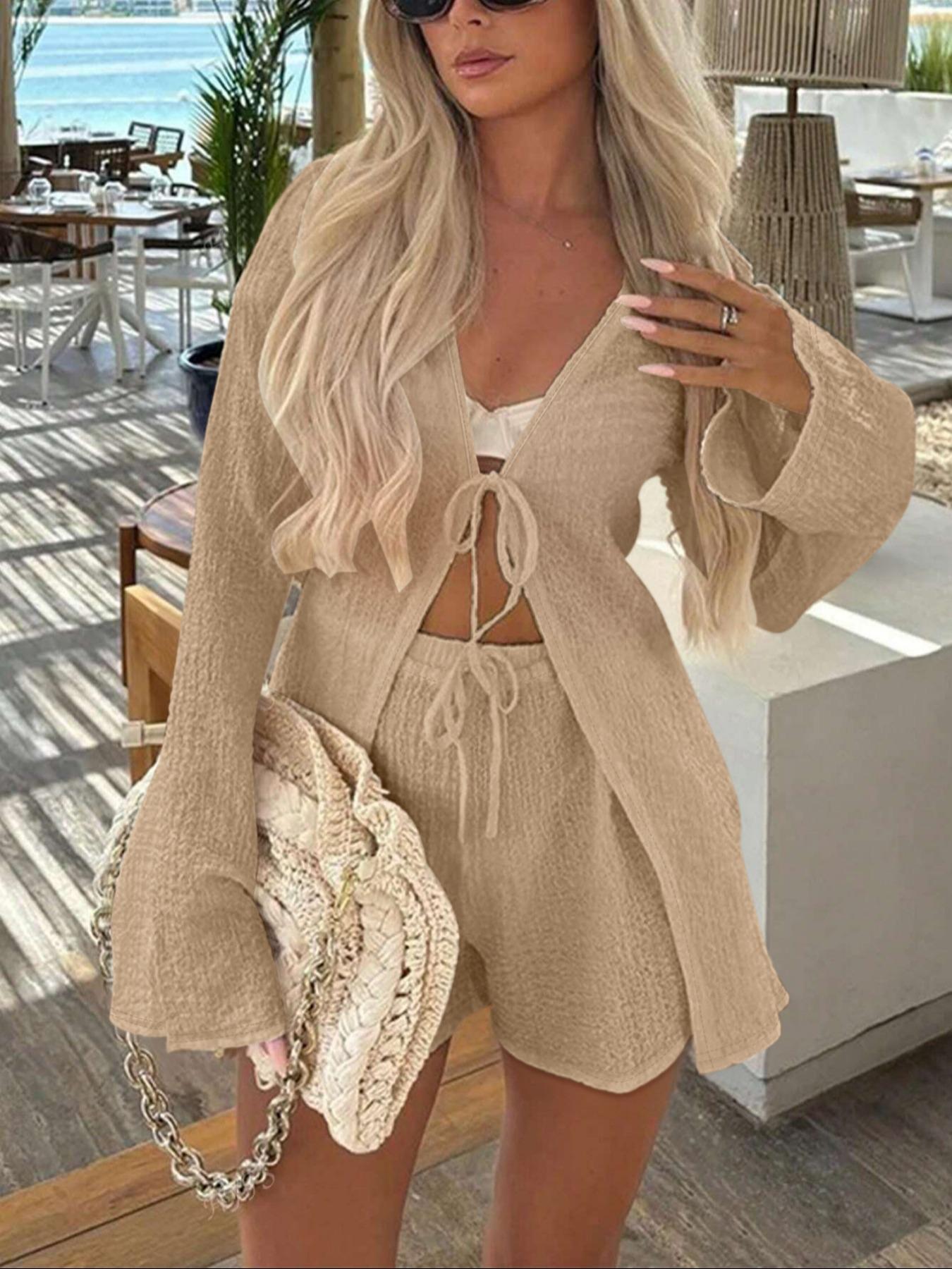 Women's Solid Color Longsleeves Fitted Tie Front Top & Shorts Set, Minimalist Basic Casual Fashion Cozy Two-piece Fashion Style Sets for Daily Outdoor Wear, Ladies Summer Clothes, Womenswear, Loungewear, Homewear, Casual Comfy Pajama Set, Cream