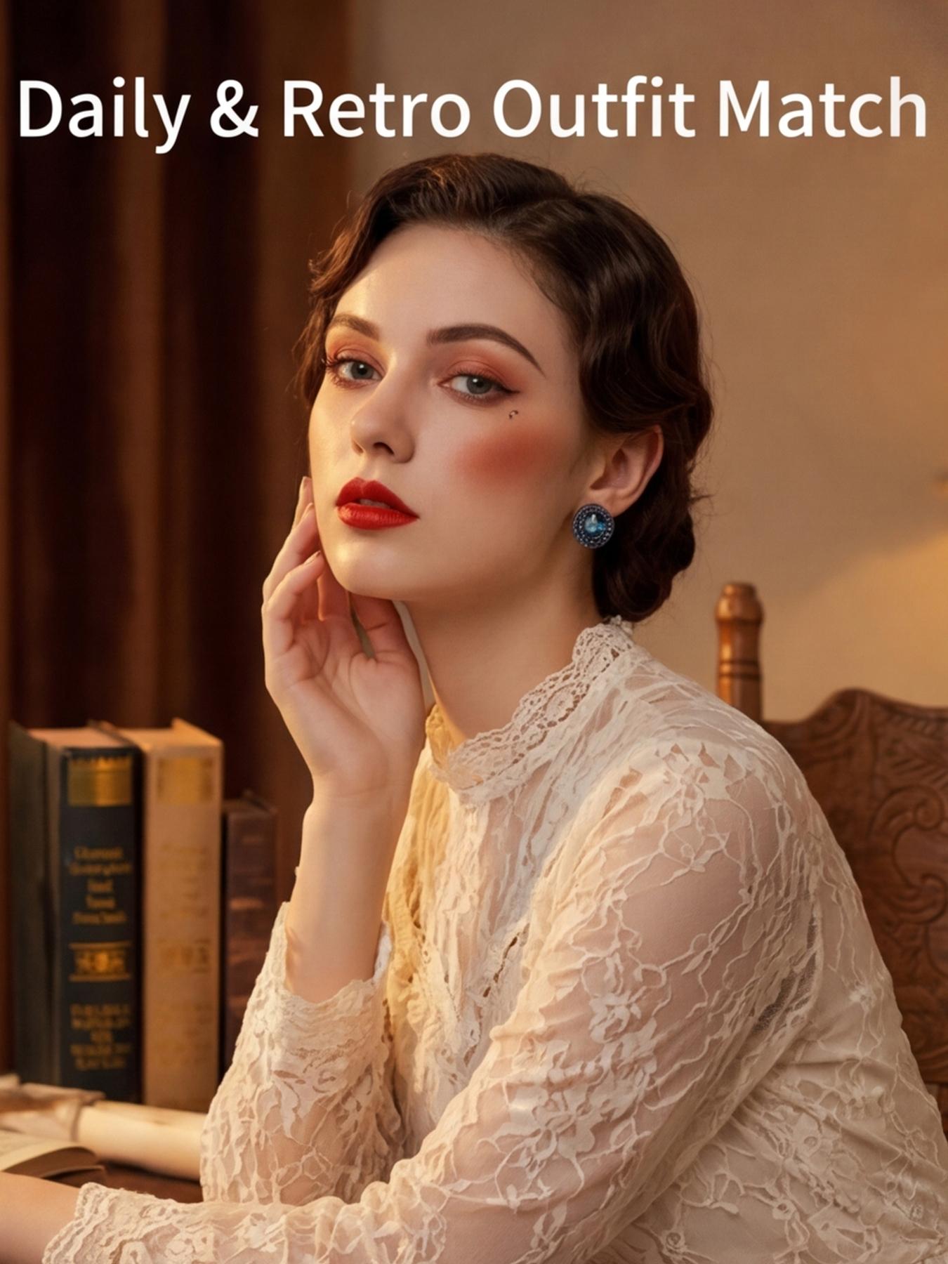 Women's Hypoallergenic Vintage Blue Crystal Round Stud Earrings, Gunmetal Tone Black Rhinestone Halo Stud Earrings, Retro Fashion Jewelry for Everyday Wear & Gift