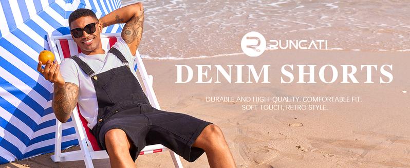 Runcati Men's Denim Shorts Bib Overall Jean Romper Casual Loose Fit Walkshort Button Pockets Summer Jumpersuit
