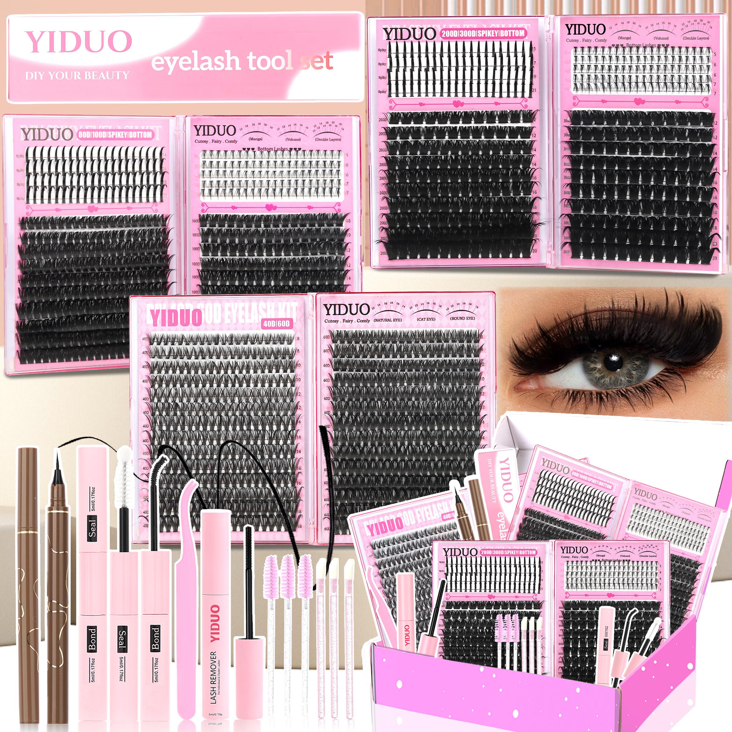 8-Style Volume D-Curl Individual Lash Clusters Kit - 1520-Piece, 40D-300D & Bottom/Spiky Styles - Eyelash Extensions Kit with Lash Bond & Seal, Tweezers, Remover, Eyeliner Pencil & Eyelash Brush - Easy DIY At-Home Eyelash Set