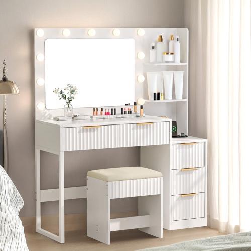 Ktaxon Pink Modern Fluted Makeup Vanity Desk with Mirror Lights Power Outlet 7 Drawers 4 Shelves Charging Station for Bedroom