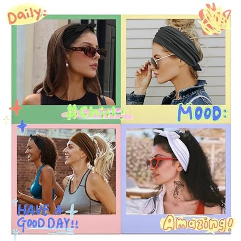 Women & Girls Bunny Ears Bow Hairbands Set of 4, Anti-Slip Soft Elastic Headband, African Style Thick Sports Gym Scarf, Hair Bows Headbands