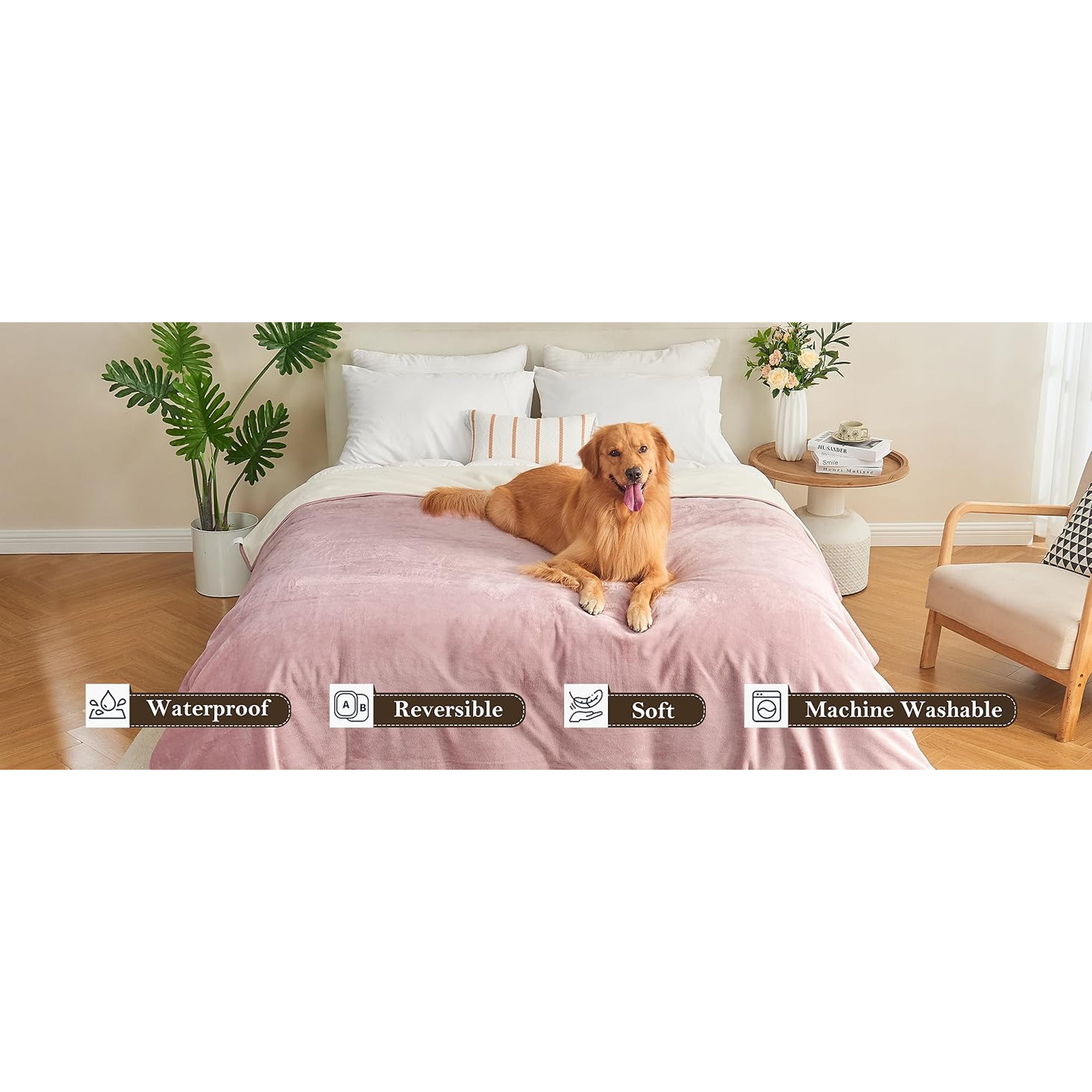 Waterproof Blanket 60"x80" for Adults, Reversible Waterproof Bed Cover for Dogs Cats Pets, Soft Leakproof Blanket for Bed Couch Sofa Furniture Protector, Dusty Pink/Off White