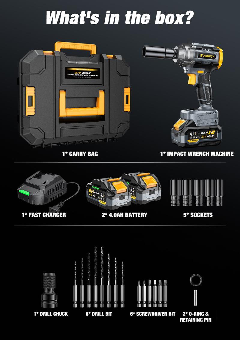 SOARFLY 3-in-1 Multi-Purpose 680NM (510FT-LBS) Cordless lmpact Wrench, 2x 4.0Ah Batteries, Fast Charger, 6 Screwdriver Bit, 8 Drill Bit, 6 Sockets