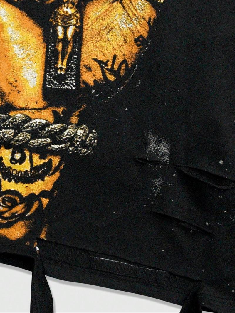 Men's Vintage Street Style Saint Print Long Sleeve Round Neck T-Shirt, Loose-Fitting Short Fit, Fall 2000s Fashion