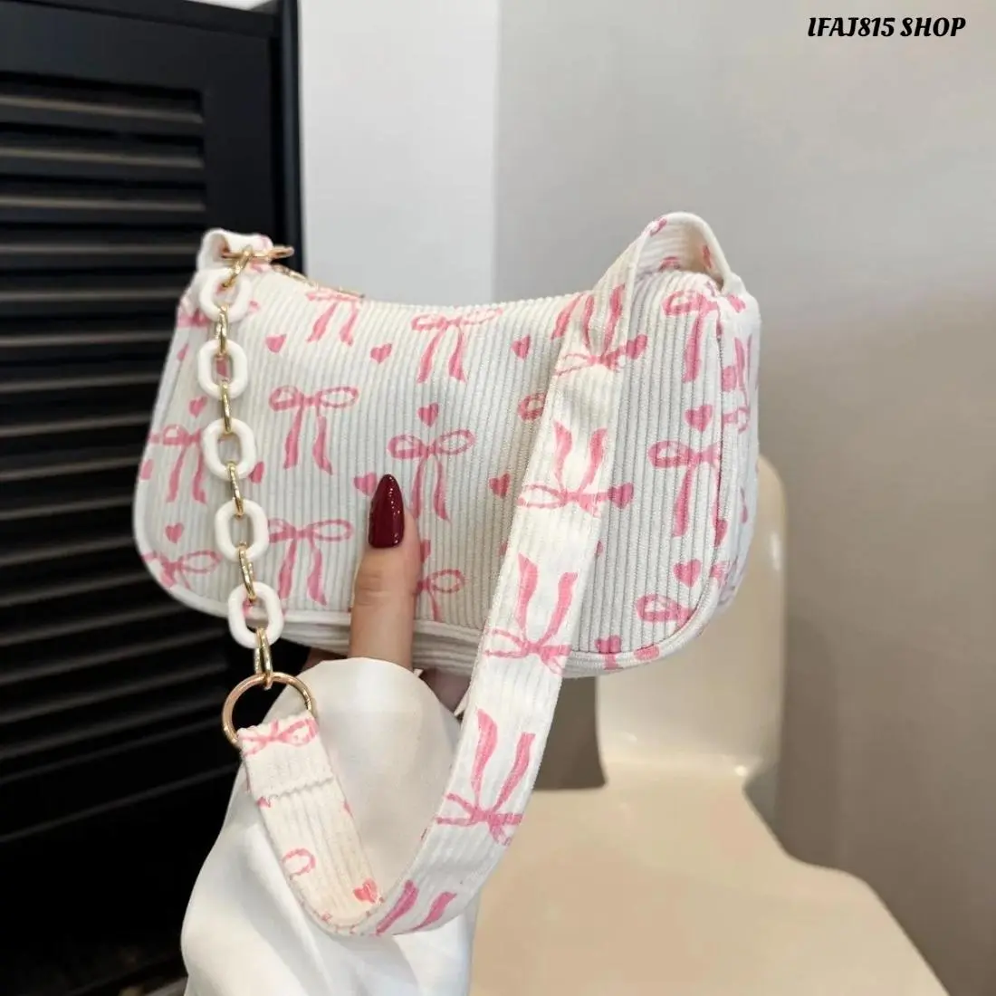 Women's Mini Corduroy Crossbody Bag, Cute Korean Inspired Small Purse with Bow Detail and Chain Strap, Trendy Aesthetic Shoulder Bag for Everyday Wear, School, Shopping, Travel and Casual Outfits