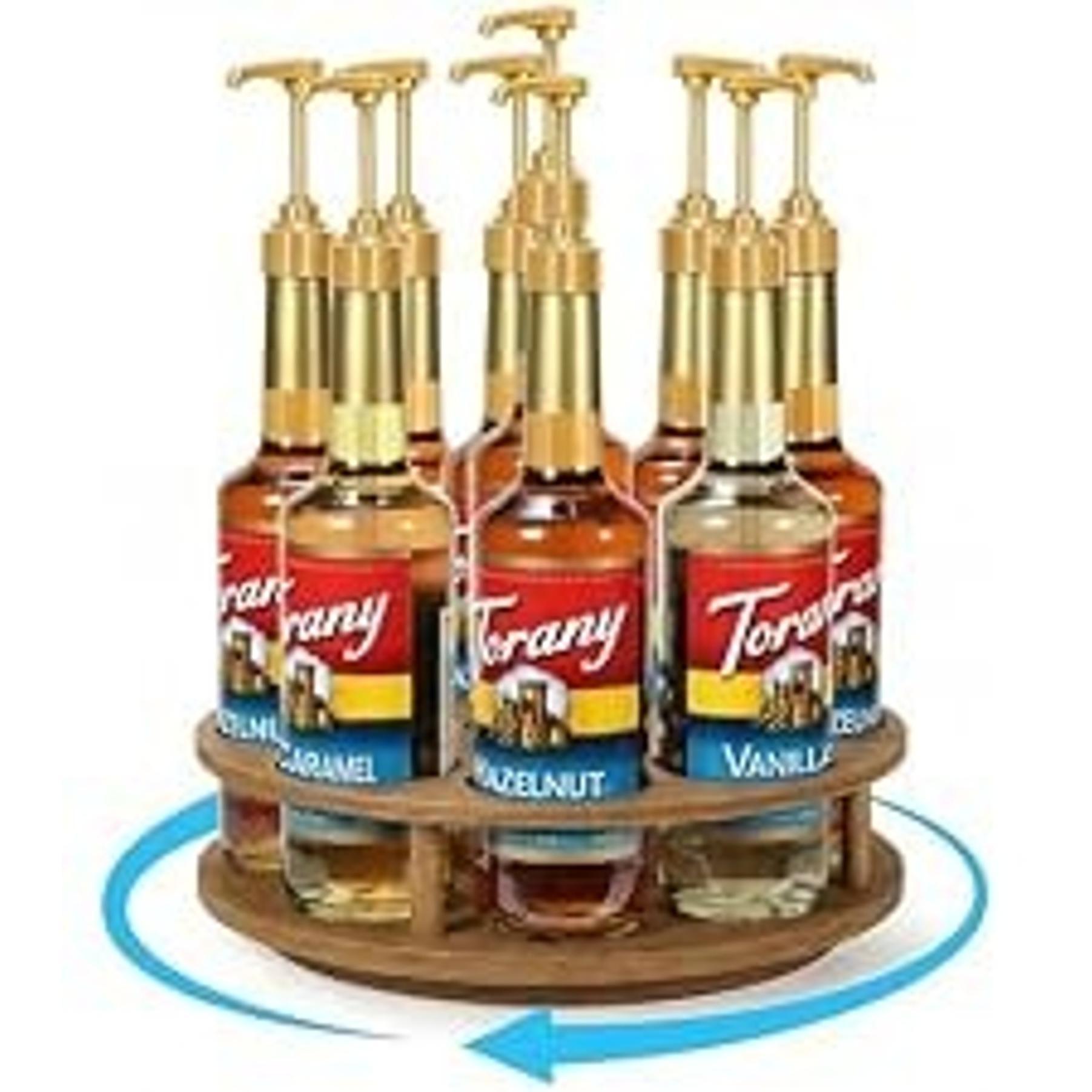 Rotating Coffee Syrup Organizer for Countertop, 9-Bottle Wooden Syrup Rack & Bottle Holder for Coffee Bar Station, Turntable Display Stand, Black