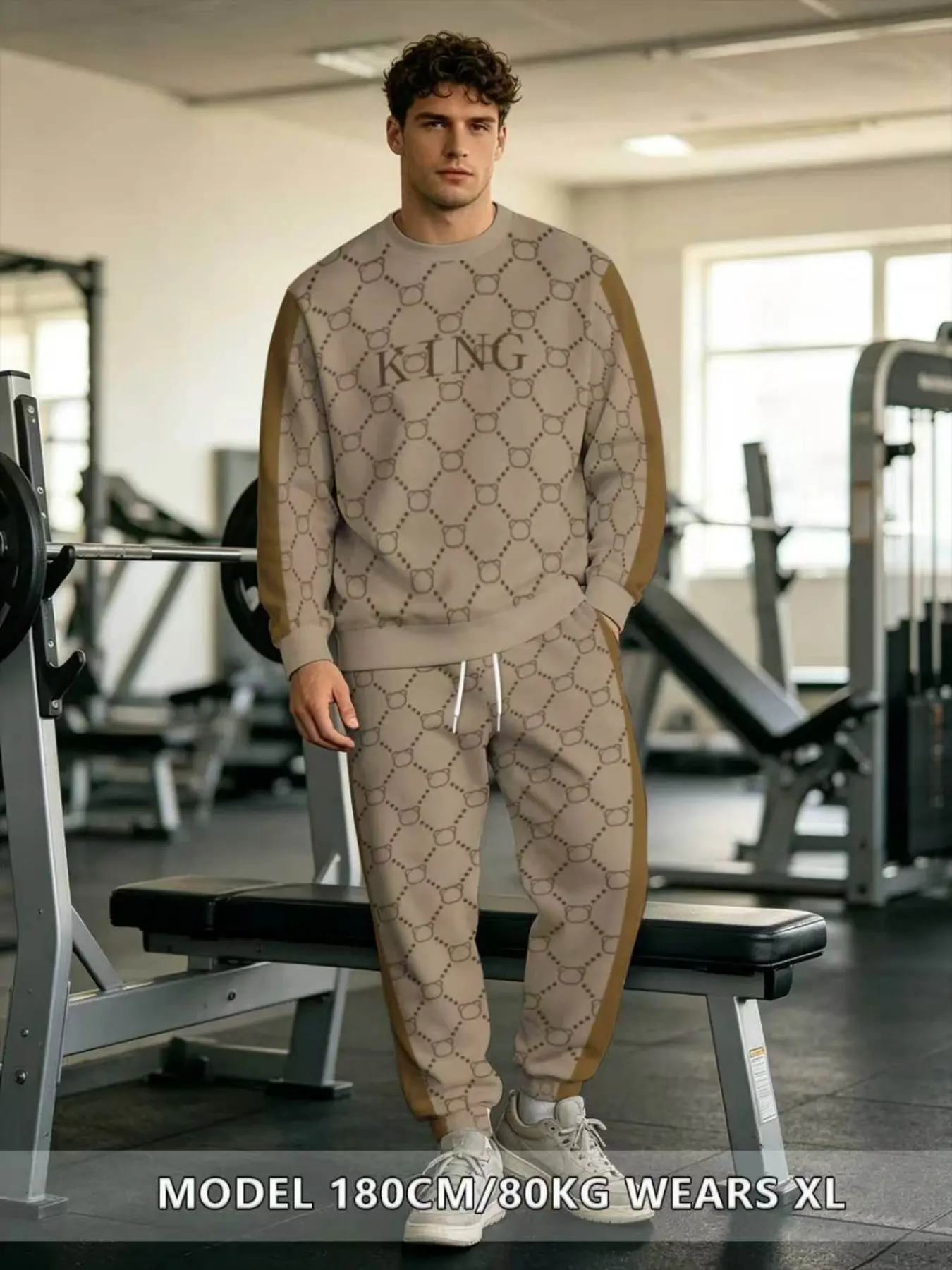 Men's Classic Fashion Sweatshirt Set, 3D Printed Drop Shoulder Round Neck Long Sleeves Long Pants Two-Piece, Casual Fall & Winter