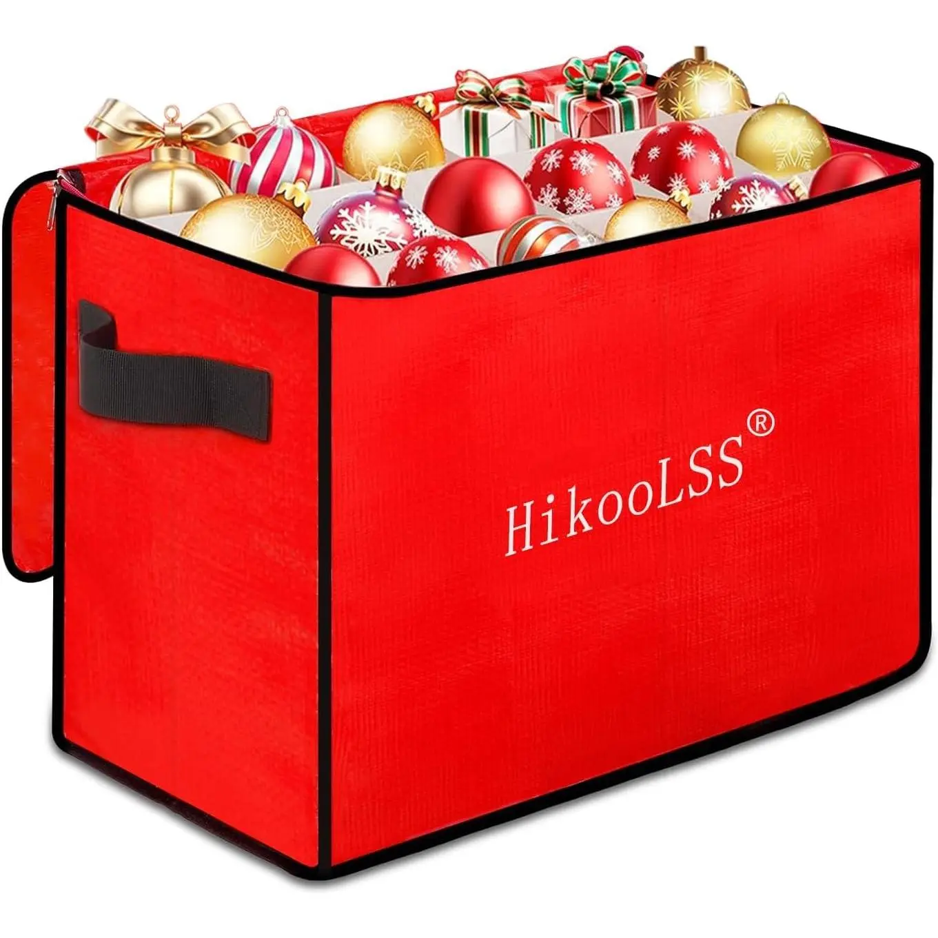 Christmas Ornament Storage Box Stores up to 72 Holiday Ornaments with Adjustable Dividers Covered Top Two Handles Double Zipper PE Material Keeps Ornaments Clean Dry (Red)