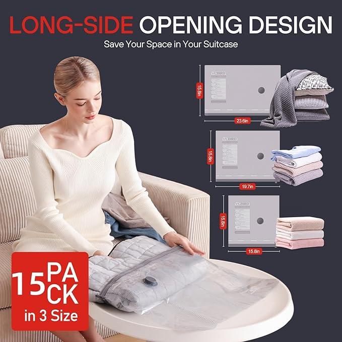 VACBIRD 8XL/15 Pack Travel Vacuum Storage Bags, Vacuum Packing Seal for Luggage and Suitcase, Compression Bags for Travel, Durable Pouch, Organiser set